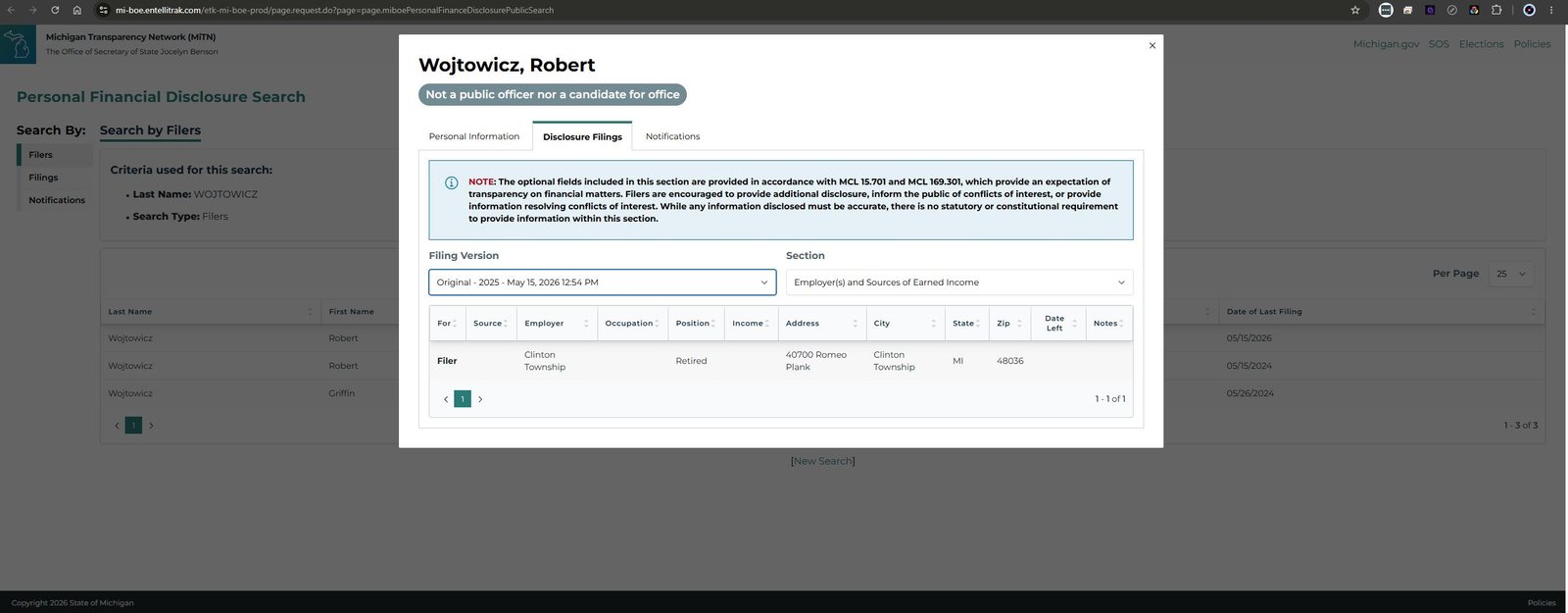 Robert Wojtowicz 2026 Michigan Personal Financial Disclosure showing reported earned income and real property